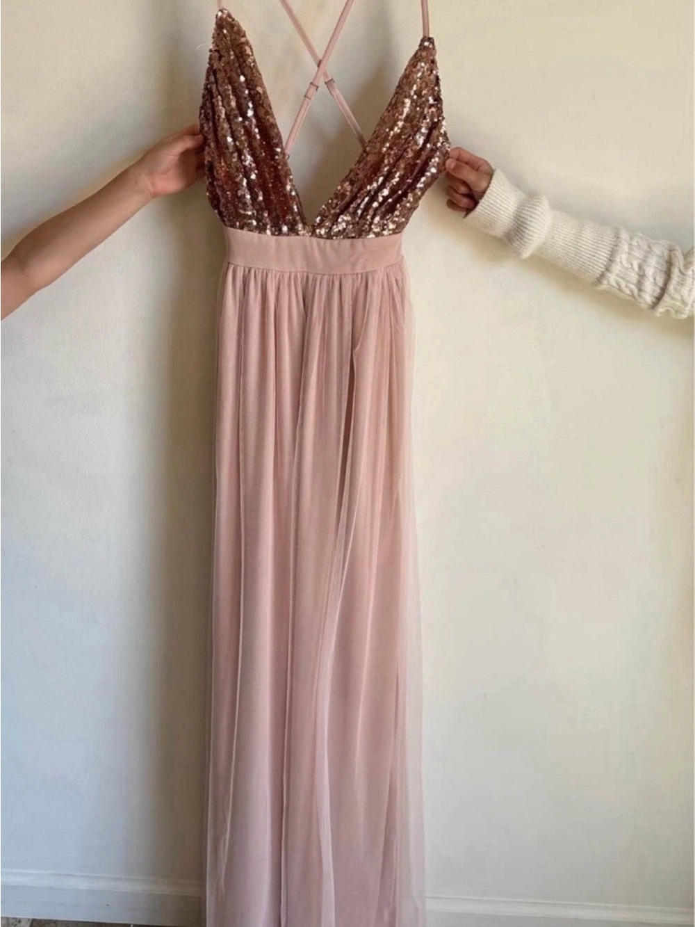 Blush Pink Sequin Bodice Maxi Formal Prom Dress / Womens S